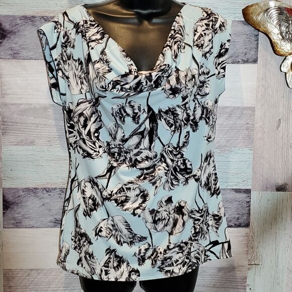 Premise Studio Blue Floral Stretchy Cowl Neck Sleeveless Blouse Shell Size M - Picture 1 of 8